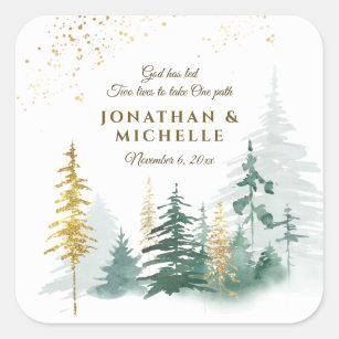 Gold Green Woodland Pine Trees Inspirational Square Sticker