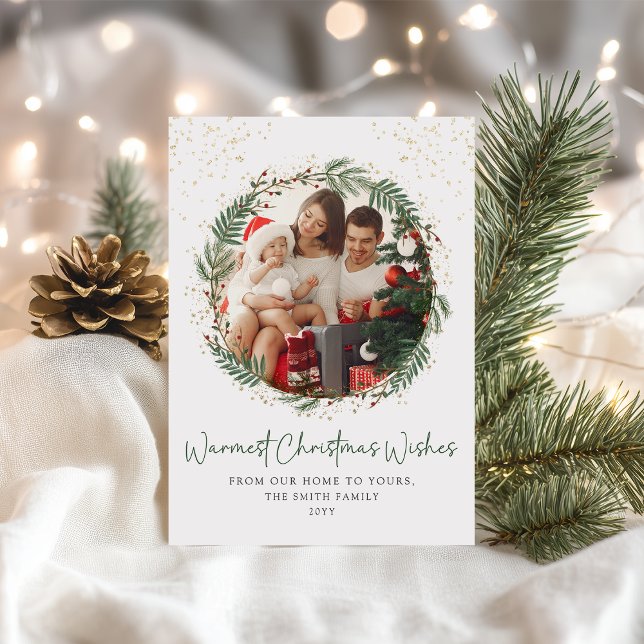 Gold Green Wreath Family Christmas Photo Holiday Card (Creator Uploaded)