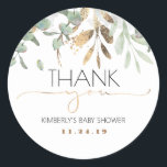 Gold Greenery Baby Shower Classic Round Sticker<br><div class="desc">Gold and green greenery baby shower thank you stickers</div>