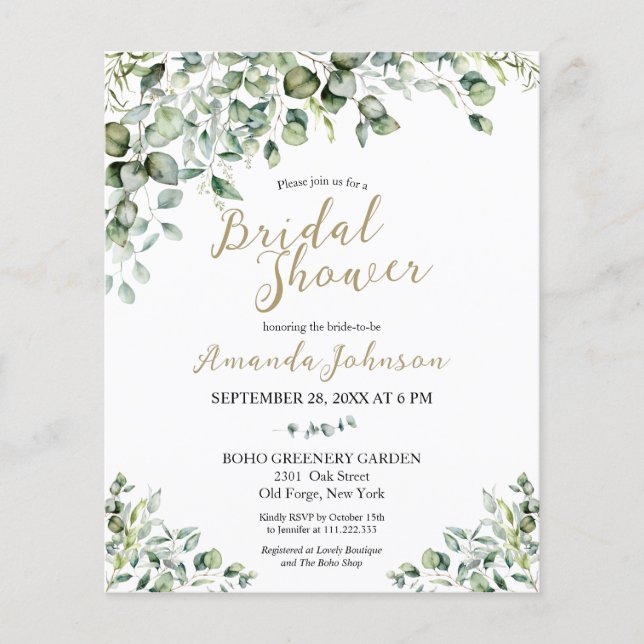 Gold Greenery Budget Bridal Shower Invitation (Front)
