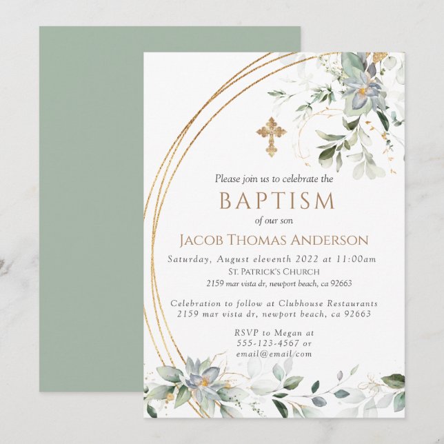  Gold Greenery Eucalyptus Boy Baptism Invitation (Front/Back)