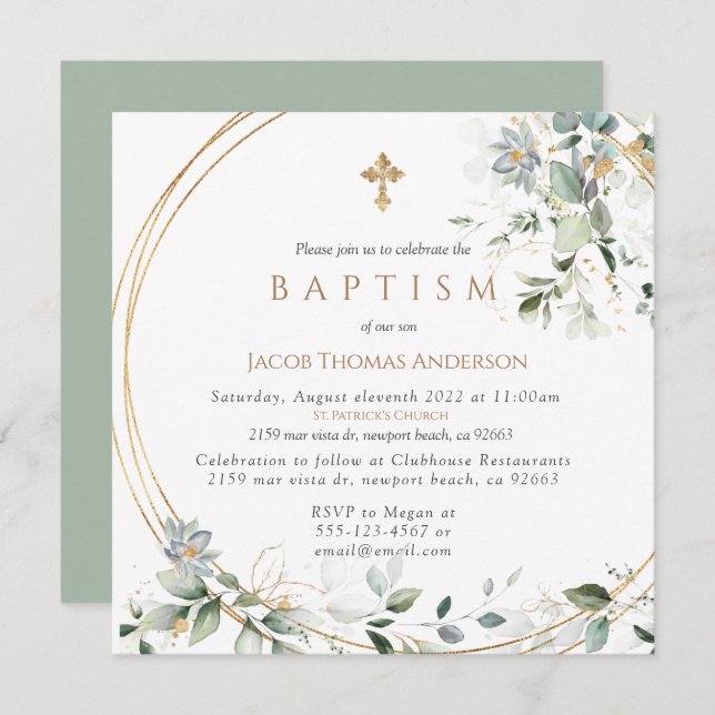  Gold Greenery Eucalyptus Boy Baptism Invitation (Front/Back)