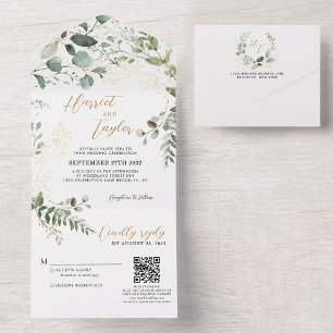 Gold Greenery Eucalyptus Monogram QR Code Wedding All In One Invitation