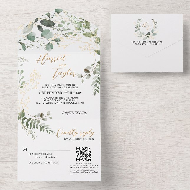 Gold Greenery Eucalyptus Monogram QR Code Wedding All In One Invitation (Creator Uploaded)