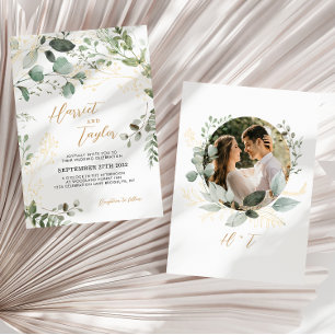 Gold Greenery Eucalyptus Photo Monogram Wedding Invitation