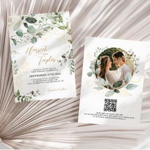 Gold Greenery Eucalyptus Photo QR Code Wedding Invitation