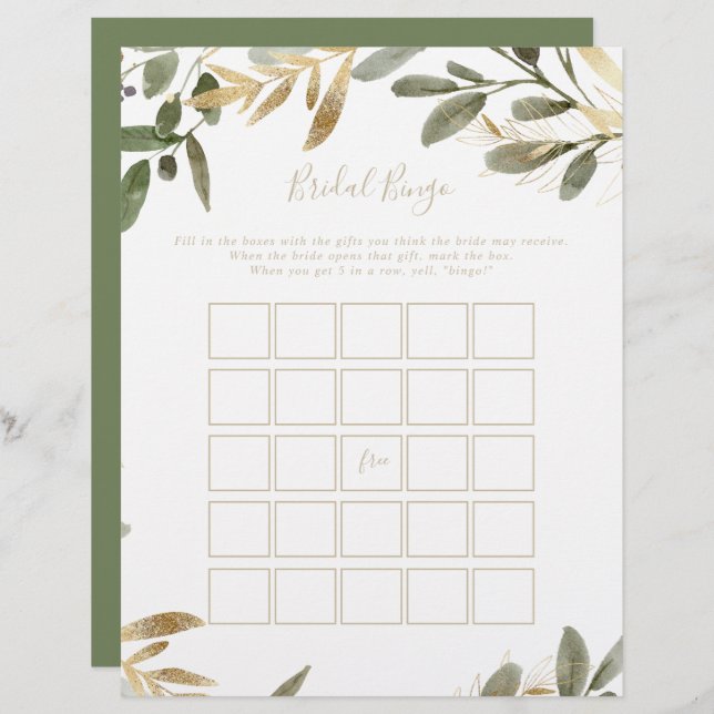 Gold Greenery Fall Bridal Bingo Game (Front/Back)