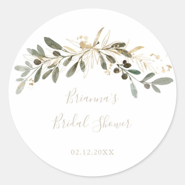 Gold Greenery Fall Bridal Shower Favour   Classic Round Sticker (Front)