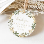 Gold Greenery Fall Thank You Wedding Favour   Classic Round Sticker<br><div class="desc">This gold greenery fall thank you wedding favour classic round sticker is perfect for a modern wedding. The design features charming artistic green and gold foliage. Make the sticker labels your own by including your names, the event (if applicable), and the date. These stickers can compliment a wedding reception, bridal...</div>