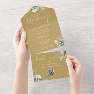 Gold Greenery Floral QR Code Monogram Wedding All In One Invitation