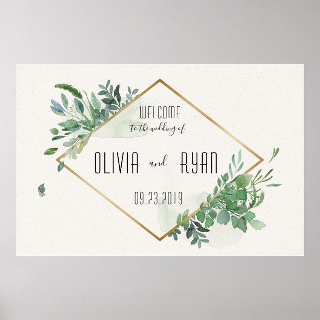 Gold Greenery Frame Wedding Welcome Poster (Front)