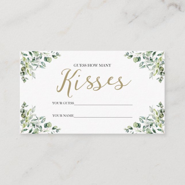 Gold Greenery How Many Kisses Bridal Shower Game Enclosure Card (Front)