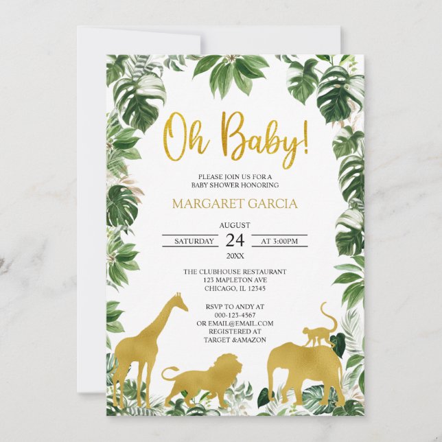  Gold Greenery Jungle Safari Animals Baby Shower Invitation (Front)