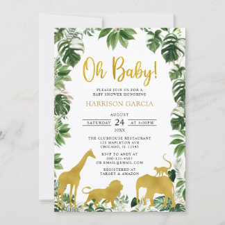  Gold Greenery Jungle Safari Animals Baby Shower Invitation