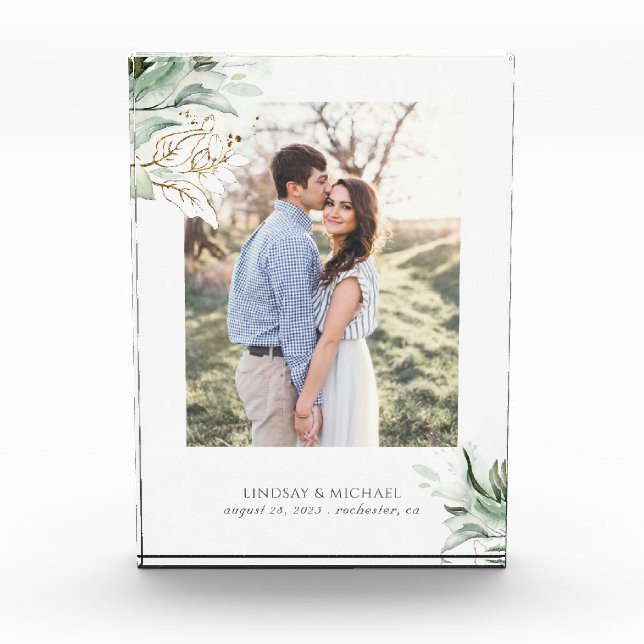 Gold Greenery Leaves Romantic Elegant Photo Block (Front)