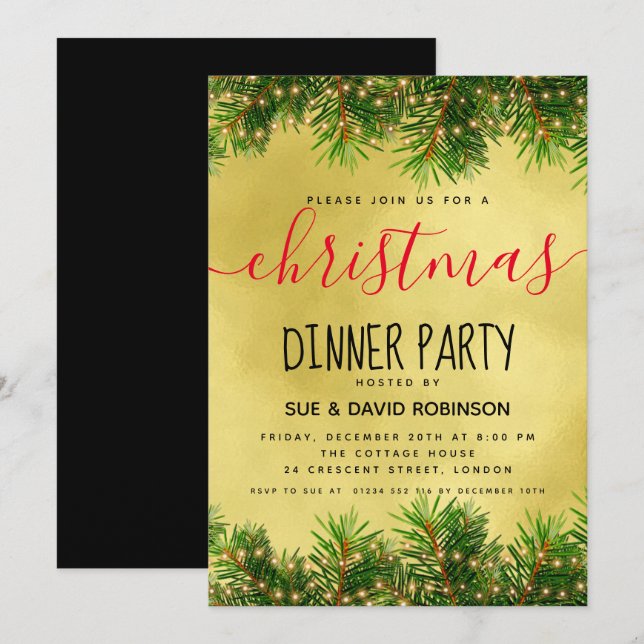 Gold Greenery Lights Christmas Holiday Dinner Invitation (Front/Back)