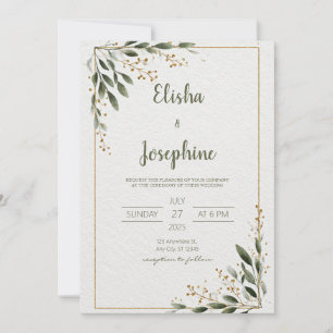 Gold Greenery Minimalist Leaf Frame Wedding Invitation