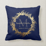 Gold Greenery Monogram Navy Blue Wedding Keepsake Cushion<br><div class="desc">Here's an elegant, modern wedding keepsake gift for the bride and groom. This design features the couple's monogram last name initial together with their first names and wedding date on a navy blue background. All this encircled by a beautiful whimsical greenery wreath made of eucalyptus leaves and foliage in a...</div>