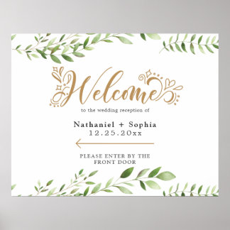Gold Greenery Right Directional Wedding Welcome Poster