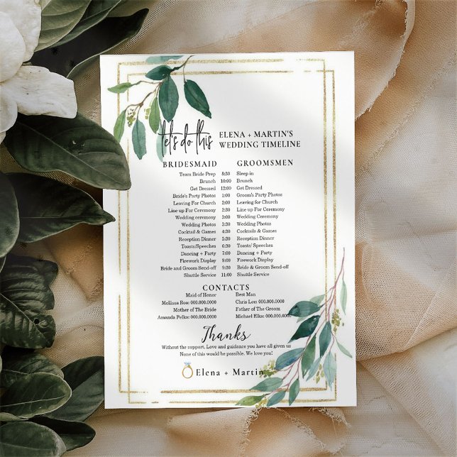 Gold Greenery Script Text Wedding Day Timeline (Creator Uploaded)
