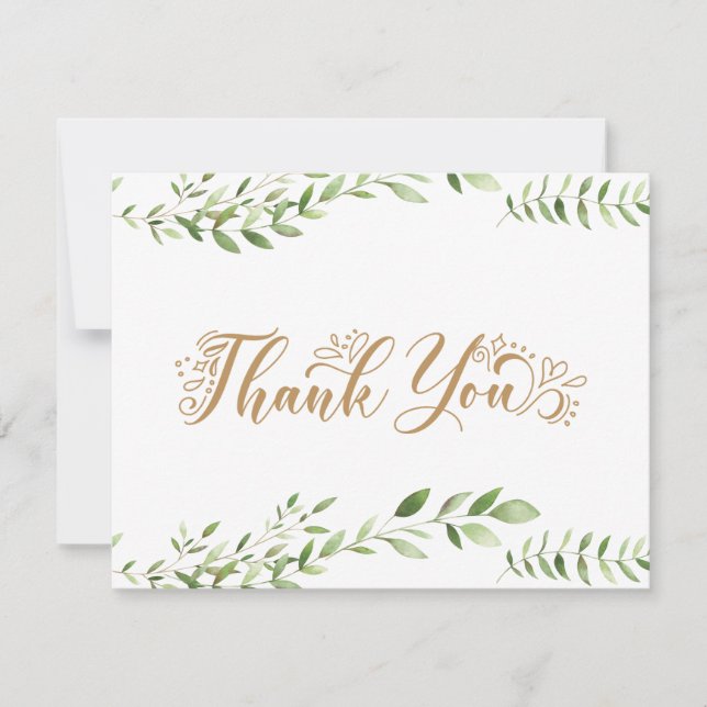 Gold Greenery Watercolor Thank You Flat Card (Front)