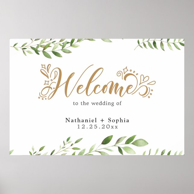 Gold Greenery Watercolor Wedding Welcome Sign (Front)