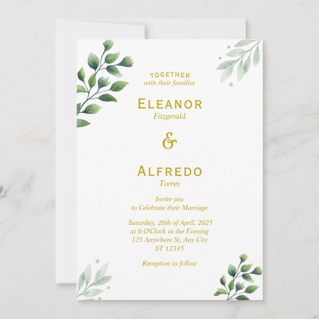 Gold Greenery Wedding Invitation (Front)