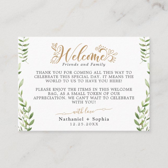 Gold Greenery Welcome Gift Bag Basket Place Card (Front)