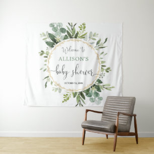 Gold greenery wreath baby shower backdrop sign tapestry