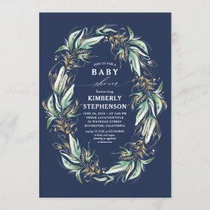 Gold Greenery Wreath Navy Blue Boho Baby Shower Invitation