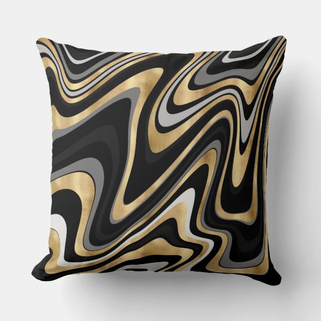 Gold Grey Abstract Swirl Retro Black Pattern Cushion (Front)