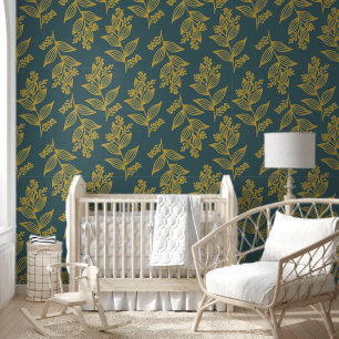 Gold Grey Blue Flower Botanical Floral Wallpaper