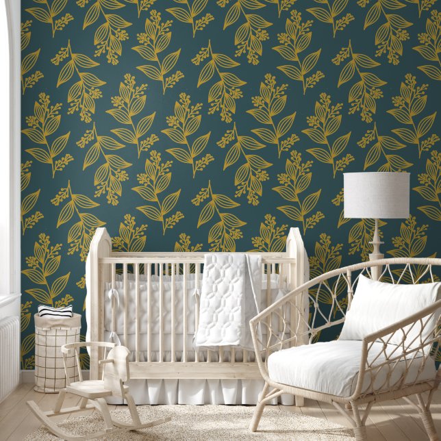 Gold Grey Blue Flower Botanical Floral Wallpaper (Kids)