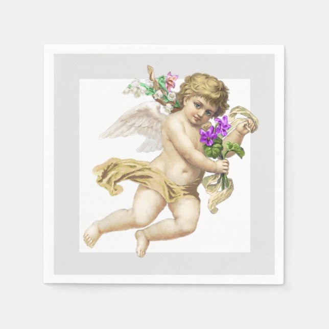 Gold Grey Cherub Angel Paper Napkin (Front)