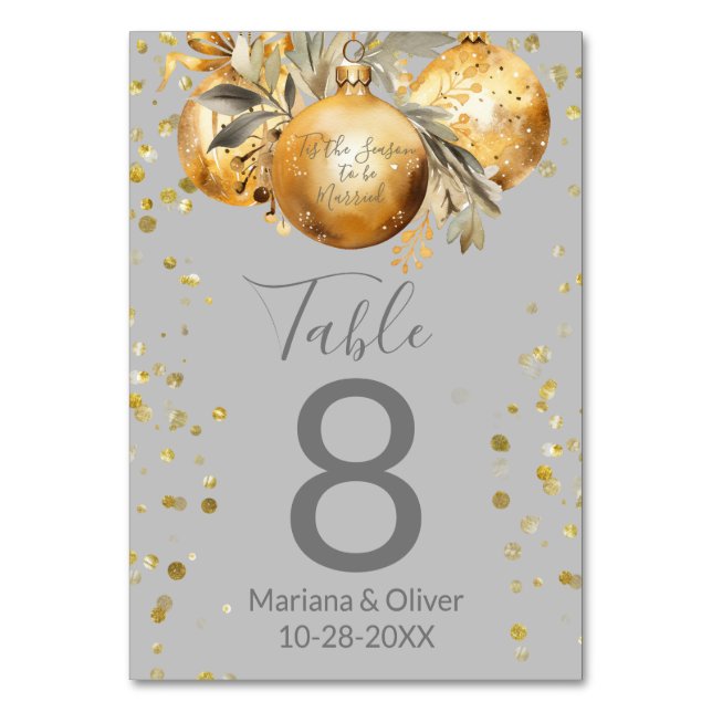 Gold Grey Christmas Wedding Table Number (Front)