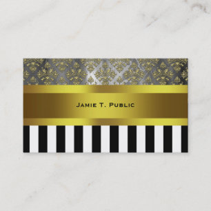 Gold Grey Damask, Black White Stripe Gold Ribbon Business Card