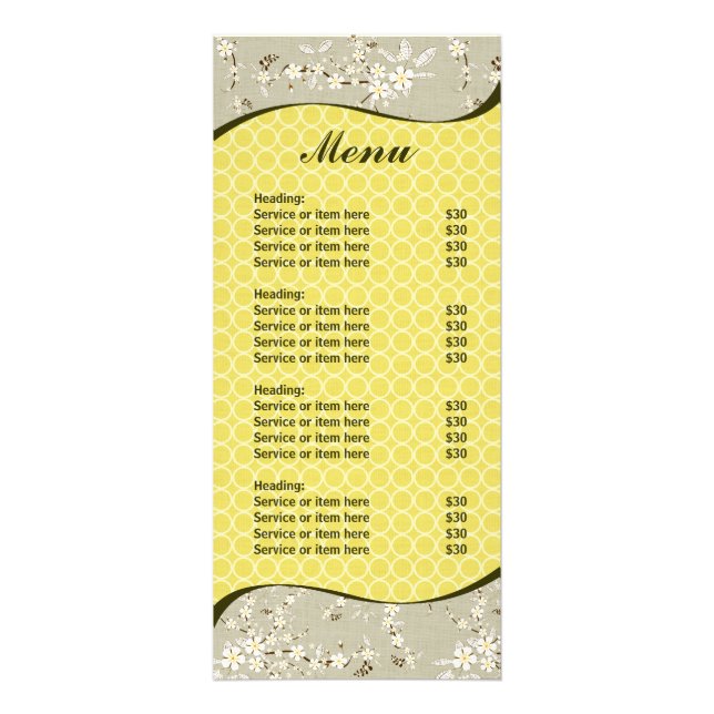 Gold grey flowers business menu rack card (Front)