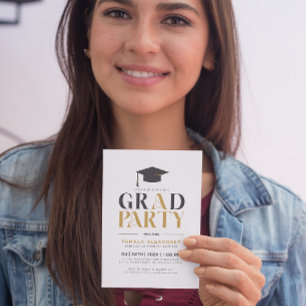 Gold Grey Grad Party Retro Typography On White Invitation