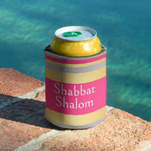 Gold Grey Hot Pink Stripes, Shabbat Shalom Glam Can Cooler