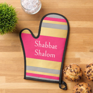 Gold Grey Hot Pink Stripes, Shabbat Shalom Glam Oven Mitt