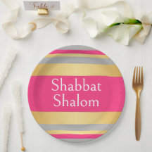 Gold Grey Hot Pink Stripes, Shabbat Shalom Glam