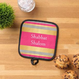 Gold Grey Hot Pink Stripes, Shabbat Shalom Glam Pot Holder