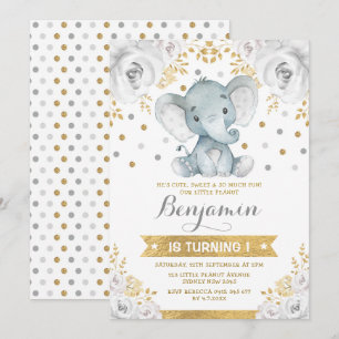Gold Grey Jungle Elephant 1st Birthday Party Invitation