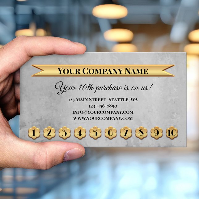 Gold Grey Loyalty Punch Card Business Card (Professional grey artistic loyalty business card with gold metallic punch numbers - customer reward)