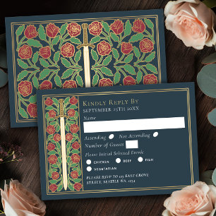 Gold Grey Mediaeval Floral Sword Wedding RSVP Card