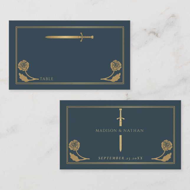 Gold Grey Mediaeval Royal Sword Wedding Place Card (Front/Back)