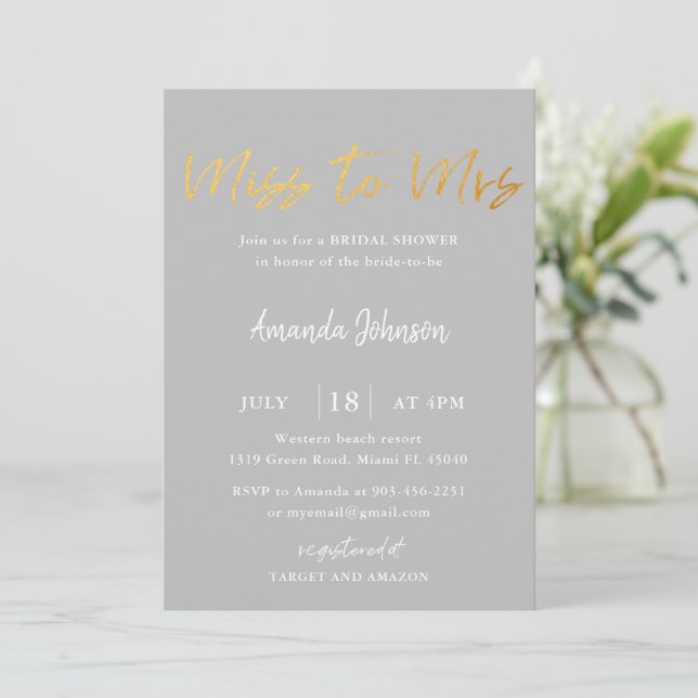 Gold & Grey Miss To Mrs Bridal Shower Invitation (Standing Front)