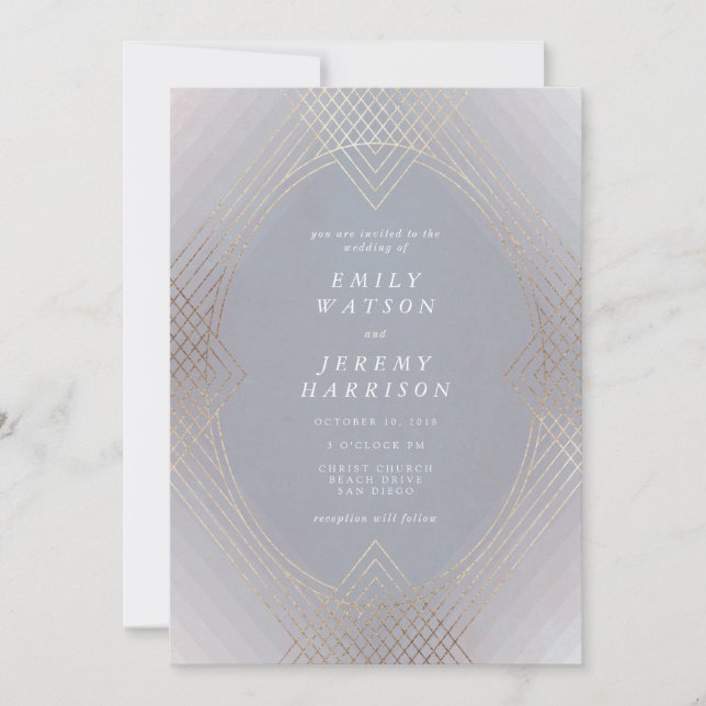 Gold Grey Oval Geometric Art Deco Gatsby Wedding Invitation (Front)