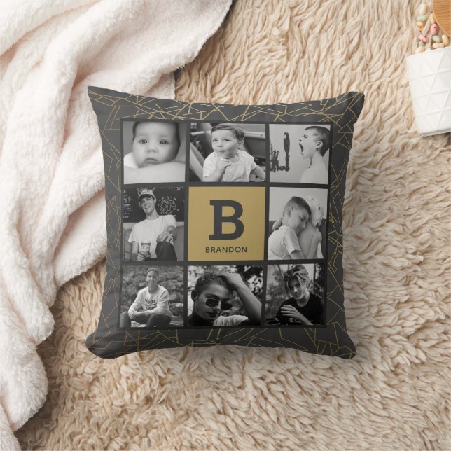 Gold Grey Photo Collage Throw Pillow  (Blanket)