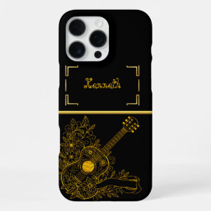 Gold Guitar Artistry With Floral Design Elements iPhone 16 Pro Max Case